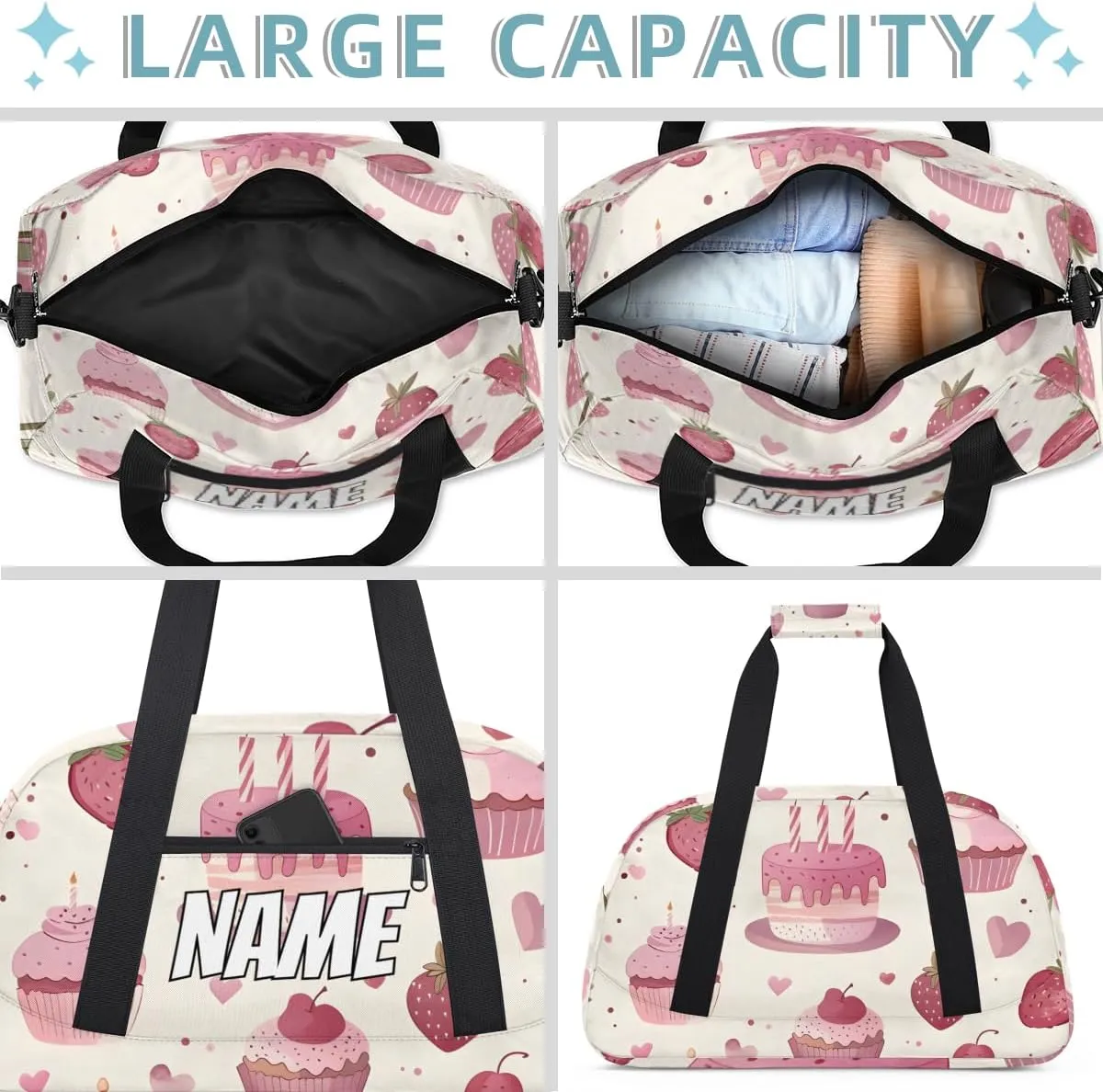 Personalized Custom Gym Bag for Women Men Carry on Pink Cake Travel Duffel Tote Strawberry Food Overnight Workout Weekender Bag