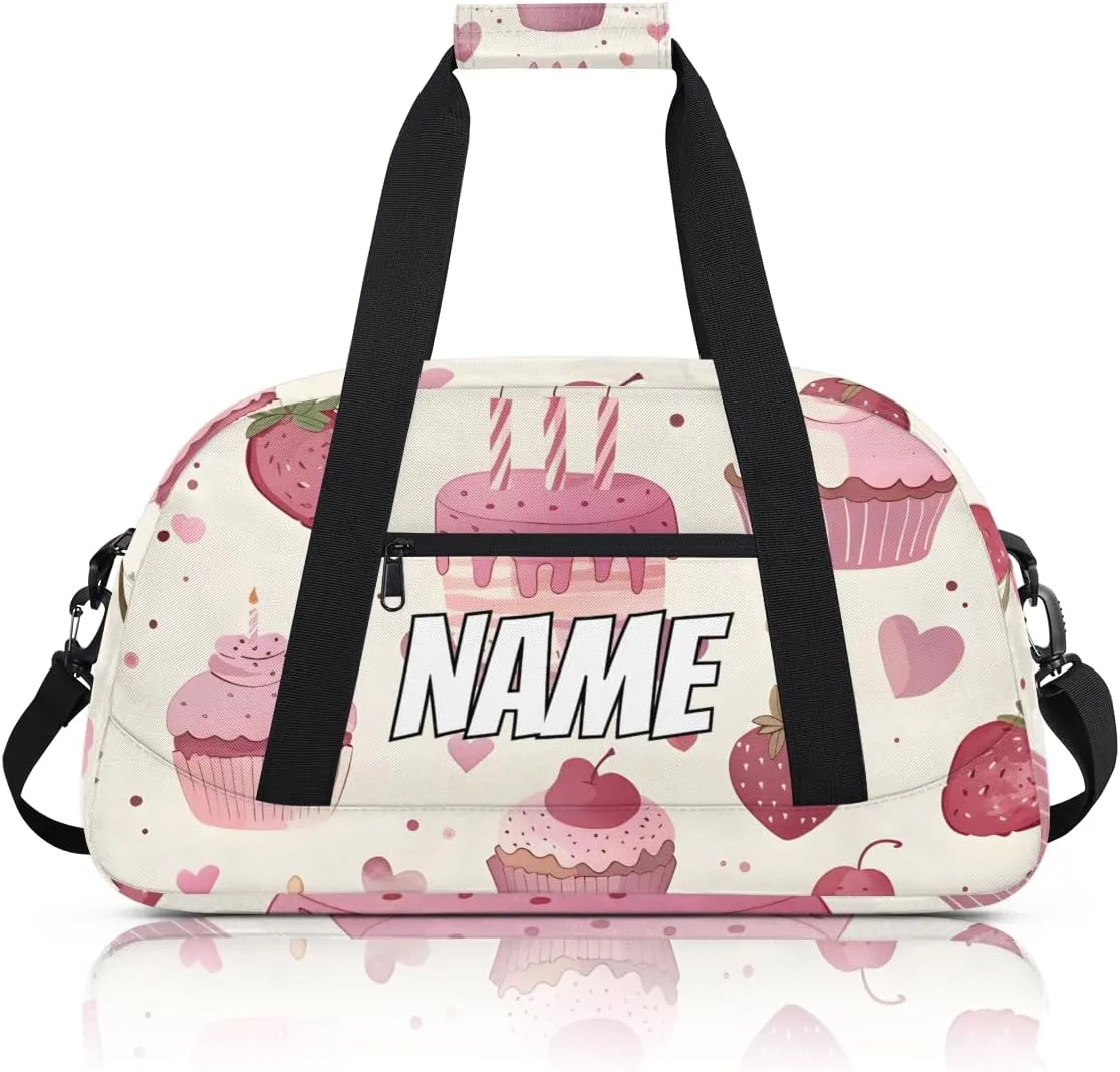 Personalized Custom Gym Bag for Women Men Carry on Pink Cake Travel Duffel Tote Strawberry Food Overnight Workout Weekender Bag