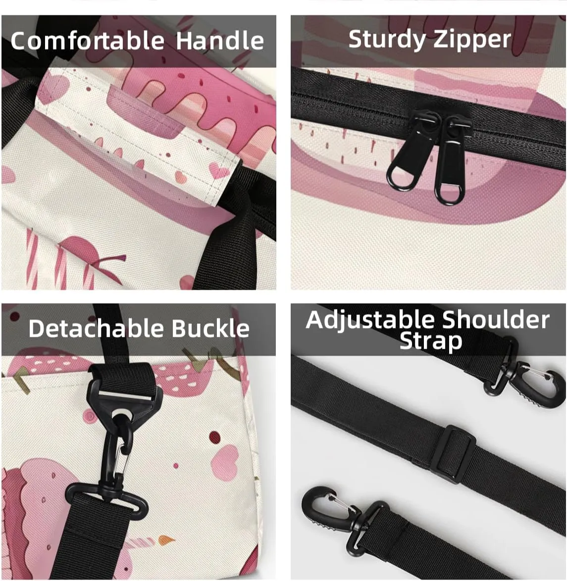 Personalized Custom Gym Bag for Women Men Carry on Pink Cake Travel Duffel Tote Strawberry Food Overnight Workout Weekender Bag