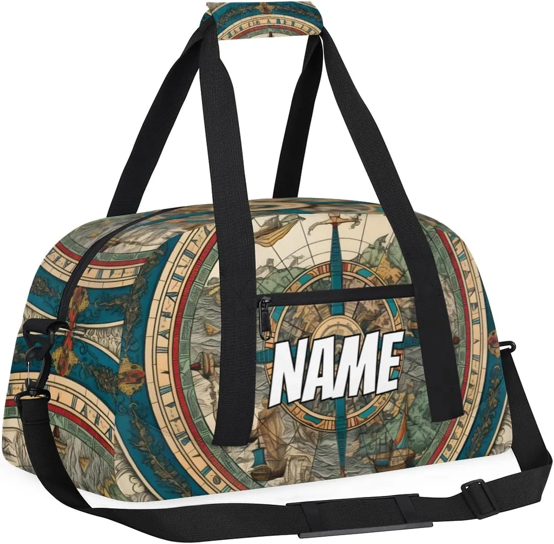 Personalized Custom Gym Bag for Women Men Carry on Retro Compass Travel Duffel Tote Direction Navigation Overnight Workout Weekender Bag