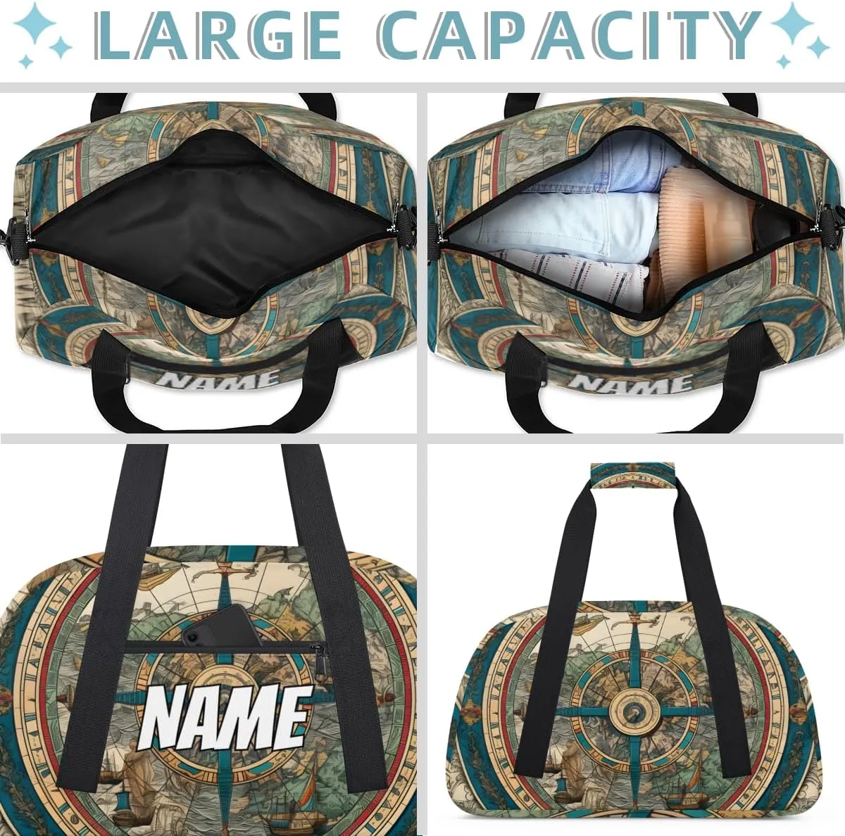 Personalized Custom Gym Bag for Women Men Carry on Retro Compass Travel Duffel Tote Direction Navigation Overnight Workout Weekender Bag