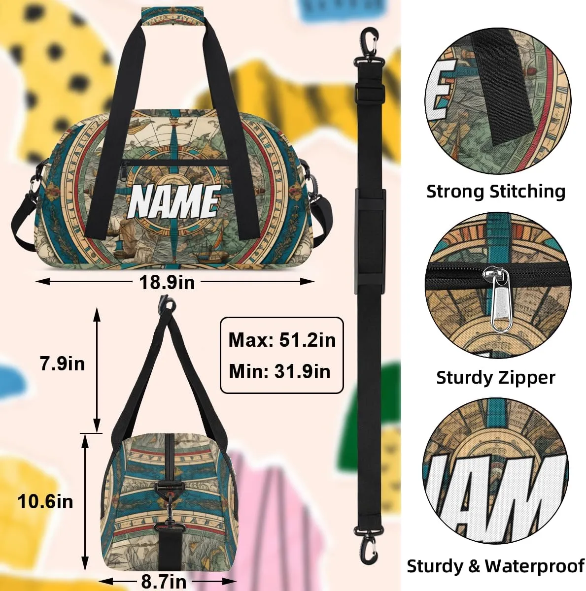 Personalized Custom Gym Bag for Women Men Carry on Retro Compass Travel Duffel Tote Direction Navigation Overnight Workout Weekender Bag