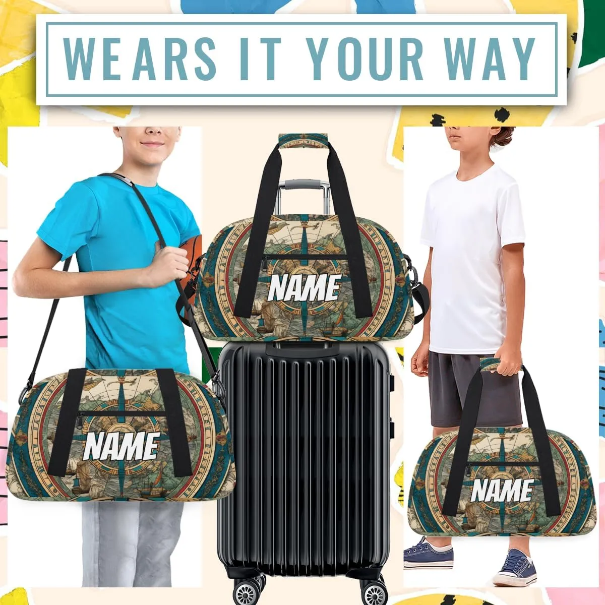 Personalized Custom Gym Bag for Women Men Carry on Retro Compass Travel Duffel Tote Direction Navigation Overnight Workout Weekender Bag