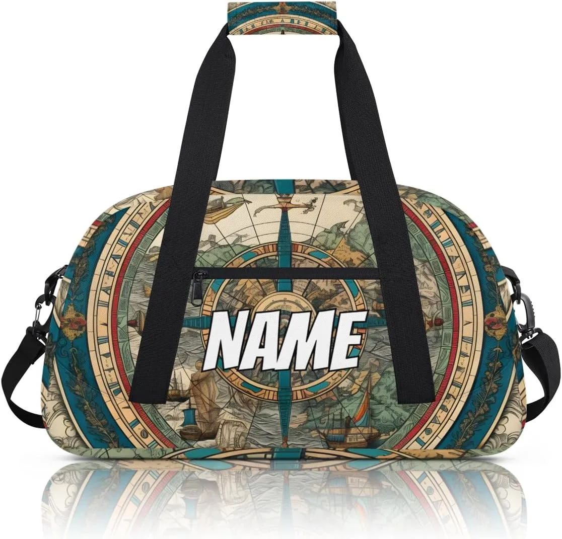 Personalized Custom Gym Bag for Women Men Carry on Retro Compass Travel Duffel Tote Direction Navigation Overnight Workout Weekender Bag