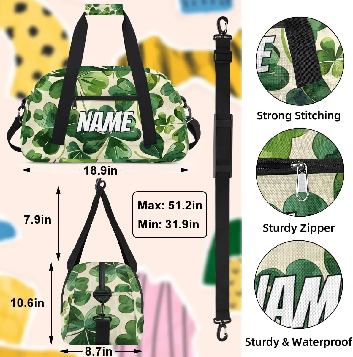 Personalized Custom Gym Bag for Women Men Carry on Spring Shamrocks Travel Duffel Tote St Patrick's Day Overnight Workout Weekender Bag
