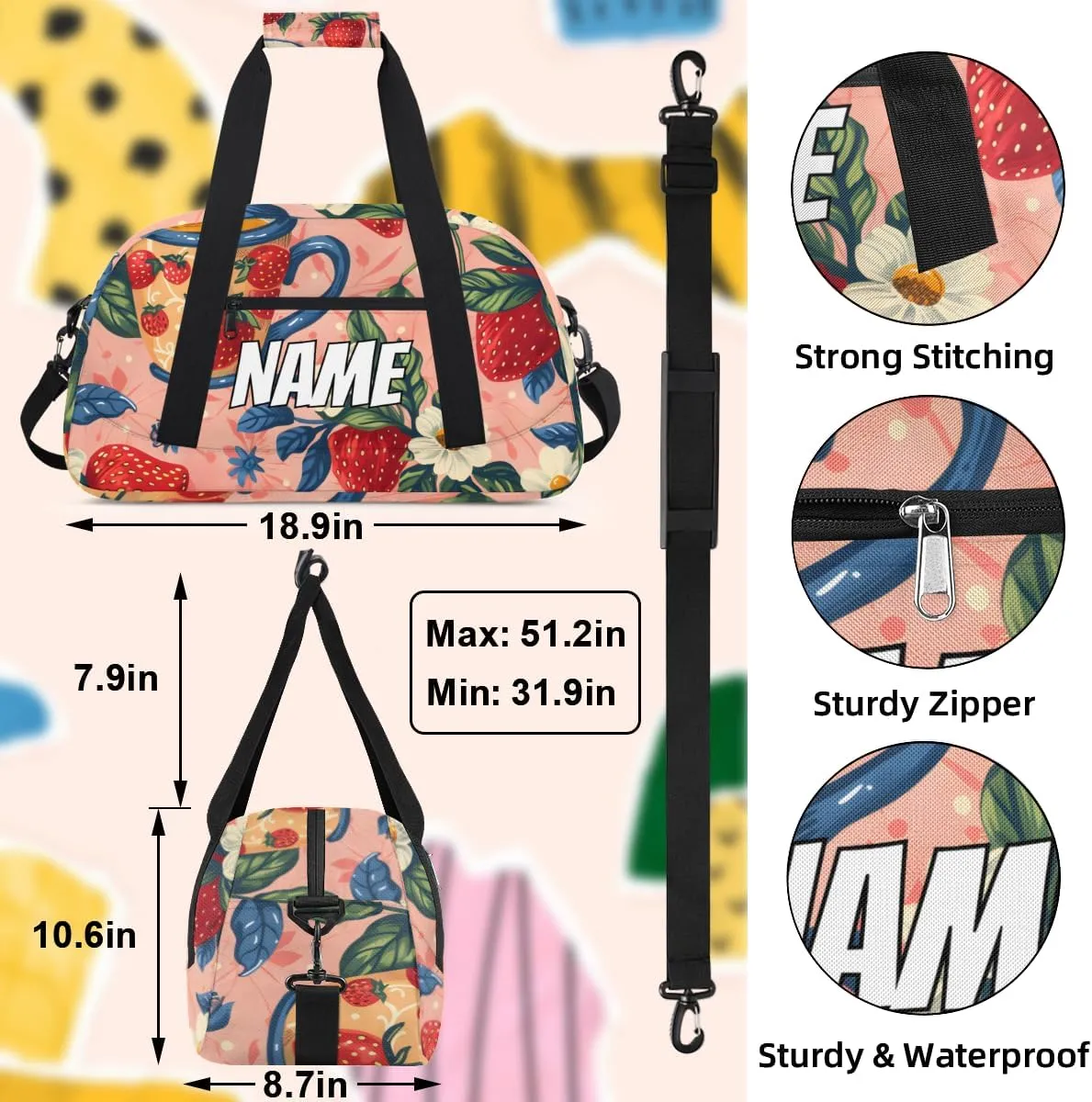 Personalized Custom Gym Bag for Women Men Carry on Strawberry Juice Travel Duffel Tote Flower Leaf Overnight Workout Weekender Bag