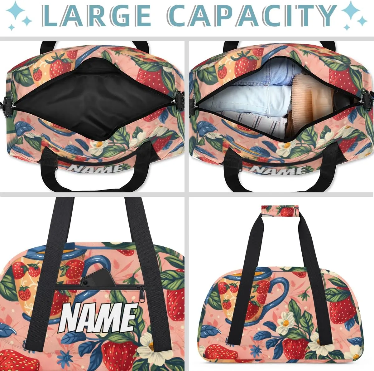 Personalized Custom Gym Bag for Women Men Carry on Strawberry Juice Travel Duffel Tote Flower Leaf Overnight Workout Weekender Bag