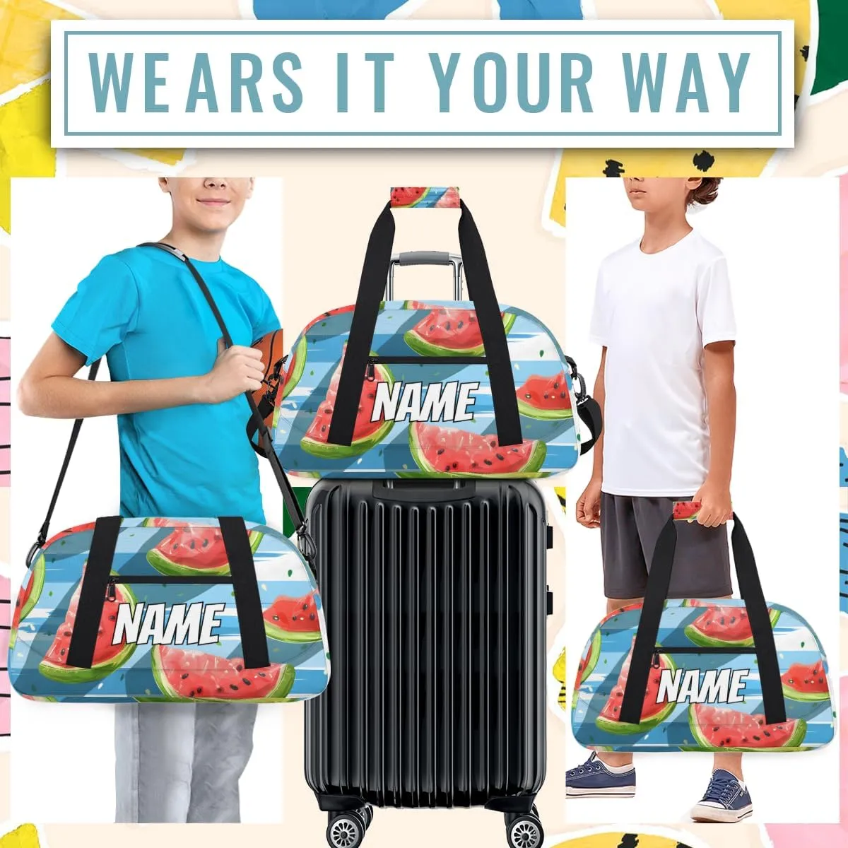 Personalized Custom Gym Bag for Women Men Carry on Summer Watermelon Travel Duffel Tote Fruit Slice Overnight Workout Weekender Bag