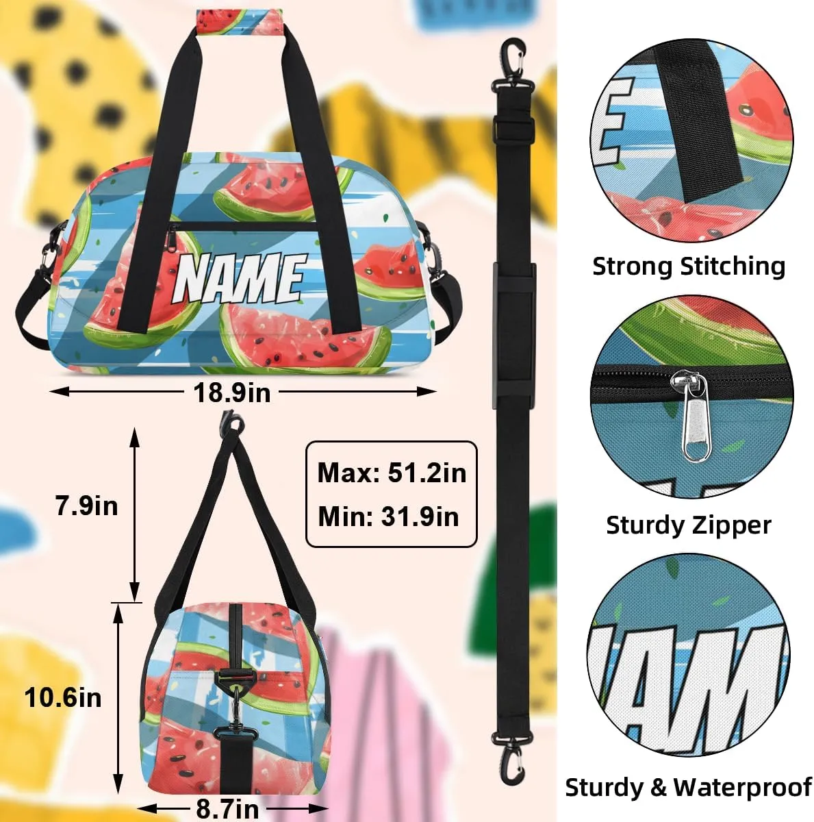 Personalized Custom Gym Bag for Women Men Carry on Summer Watermelon Travel Duffel Tote Fruit Slice Overnight Workout Weekender Bag