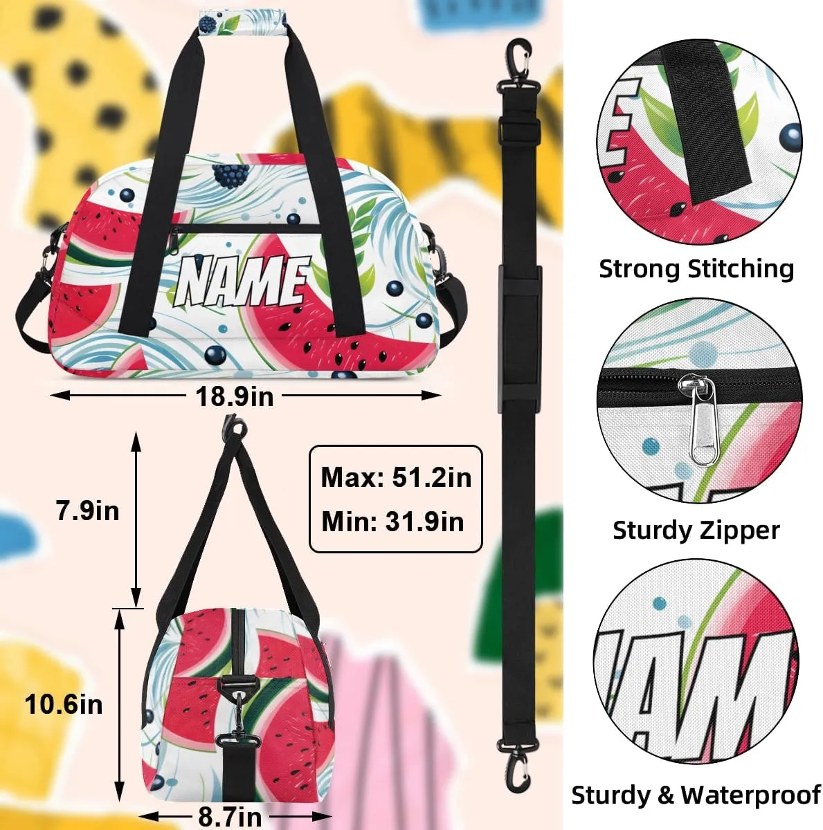 Personalized Custom Gym Bag for Women Men Carry on Summer Watermelon Travel Duffel Tote Fruits Overnight Workout Weekender Bag
