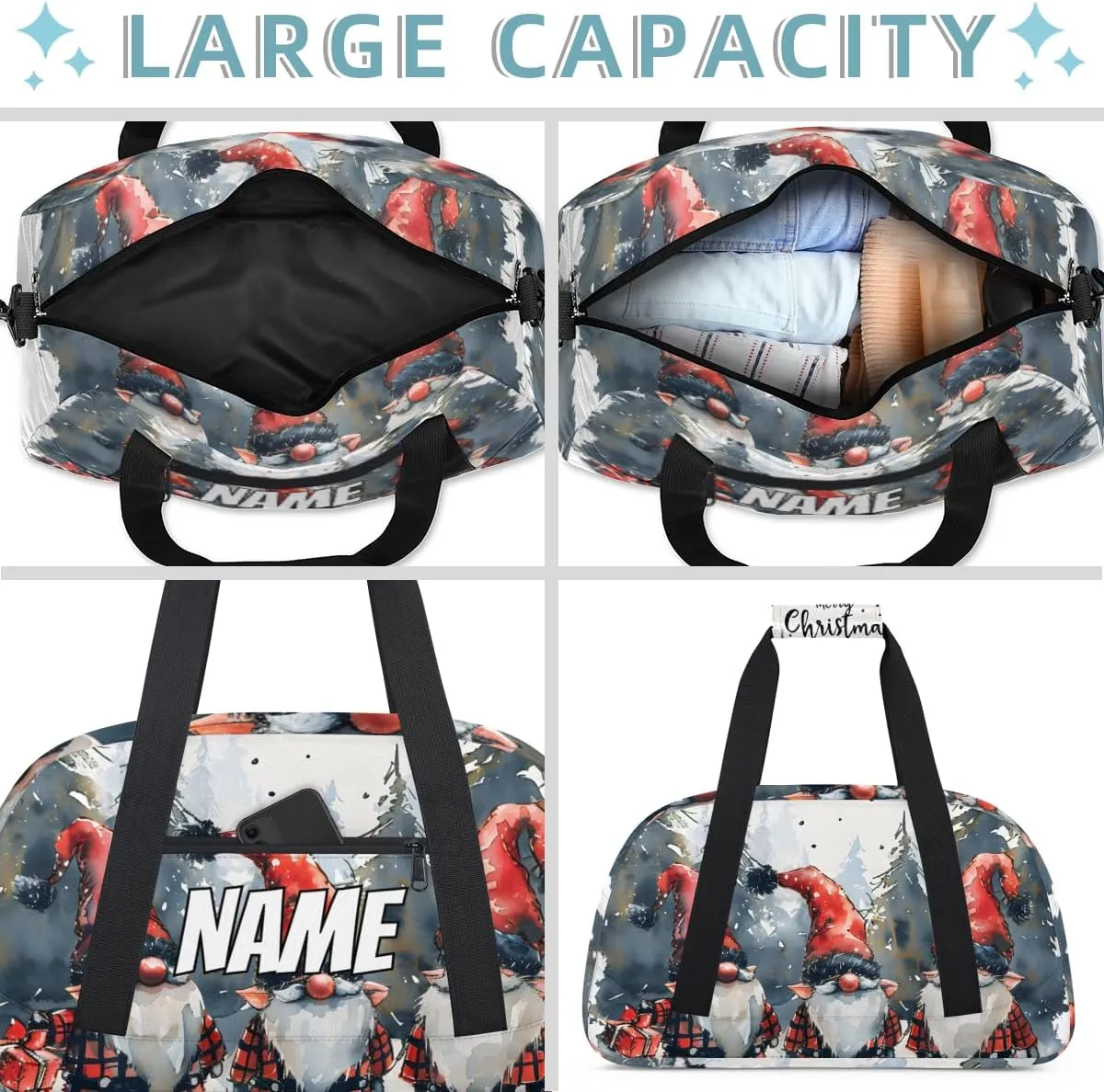 Personalized Custom Gym Bag for Women Men Carry on Three Gnomes Travel Duffel Tote Happy Christmas Overnight Workout Weekender Bag