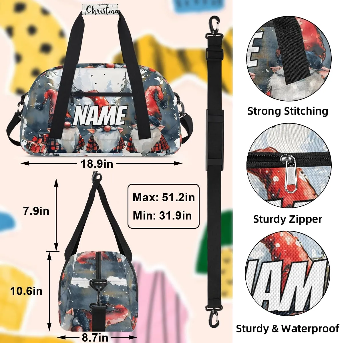 Personalized Custom Gym Bag for Women Men Carry on Three Gnomes Travel Duffel Tote Happy Christmas Overnight Workout Weekender Bag