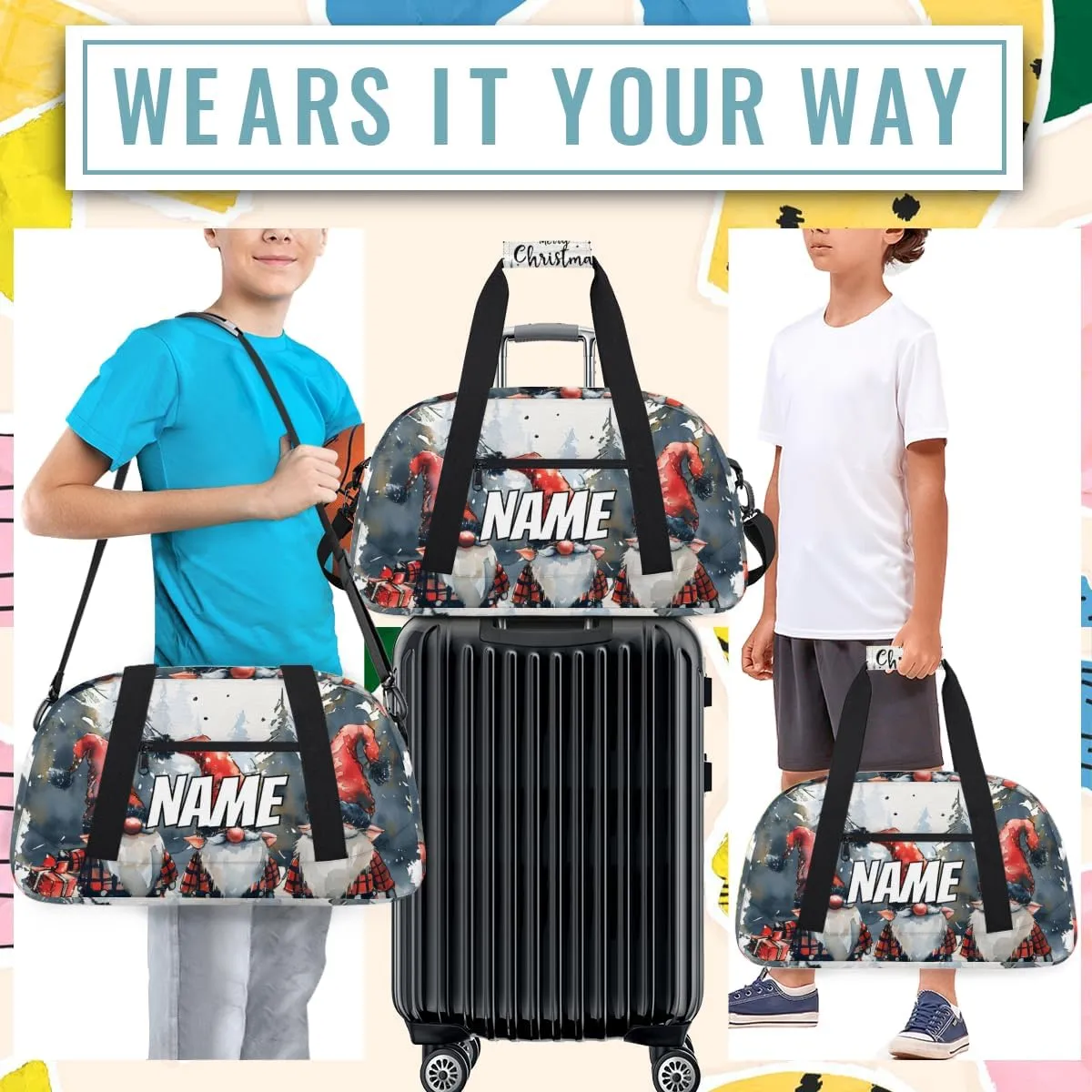 Personalized Custom Gym Bag for Women Men Carry on Three Gnomes Travel Duffel Tote Happy Christmas Overnight Workout Weekender Bag