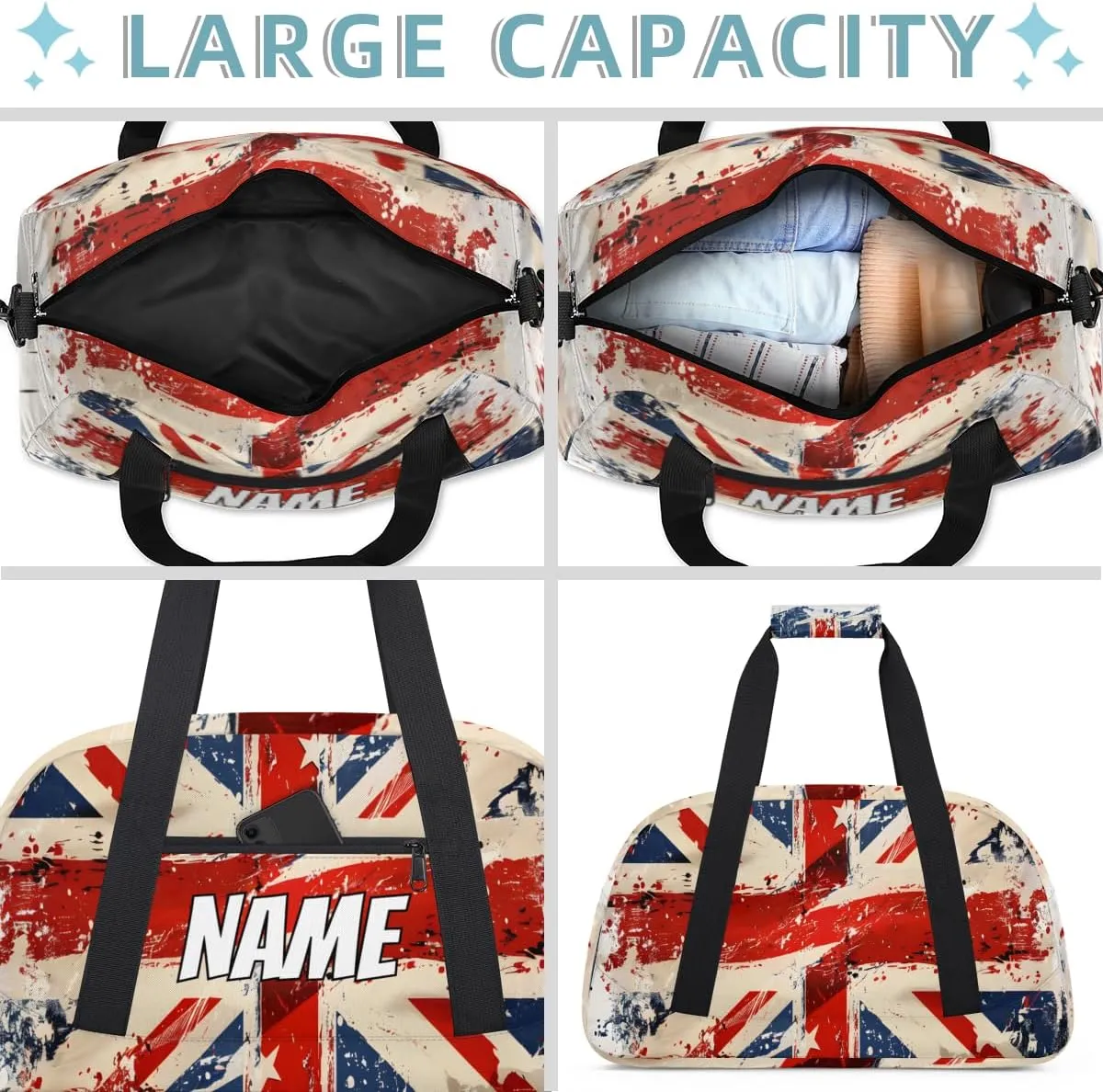 Personalized Custom Gym Bag for Women Men Carry on UK Flag Travel Duffel Tote Red Blue Overnight Workout Weekender Bag
