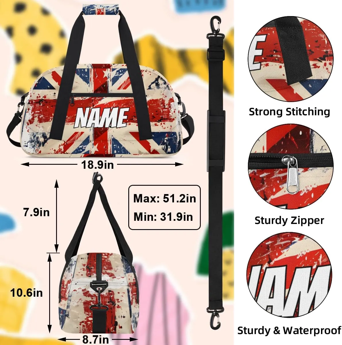 Personalized Custom Gym Bag for Women Men Carry on UK Flag Travel Duffel Tote Red Blue Overnight Workout Weekender Bag