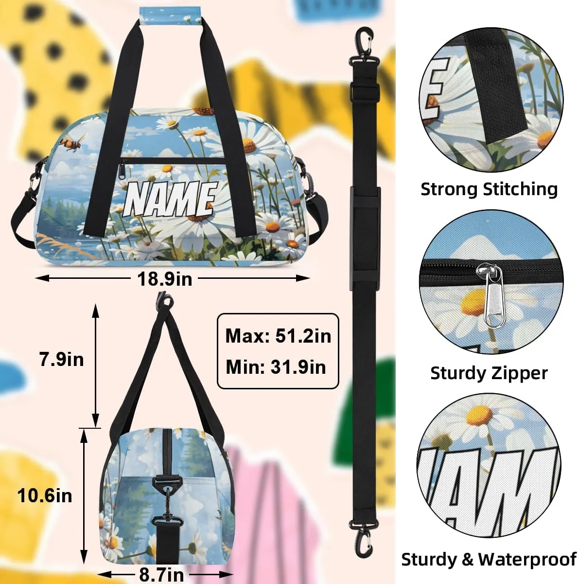 Personalized Custom Gym Bag for Women Men Carry on White Daisy Travel Duffel Tote Honey Bees Overnight Workout Weekender Bag