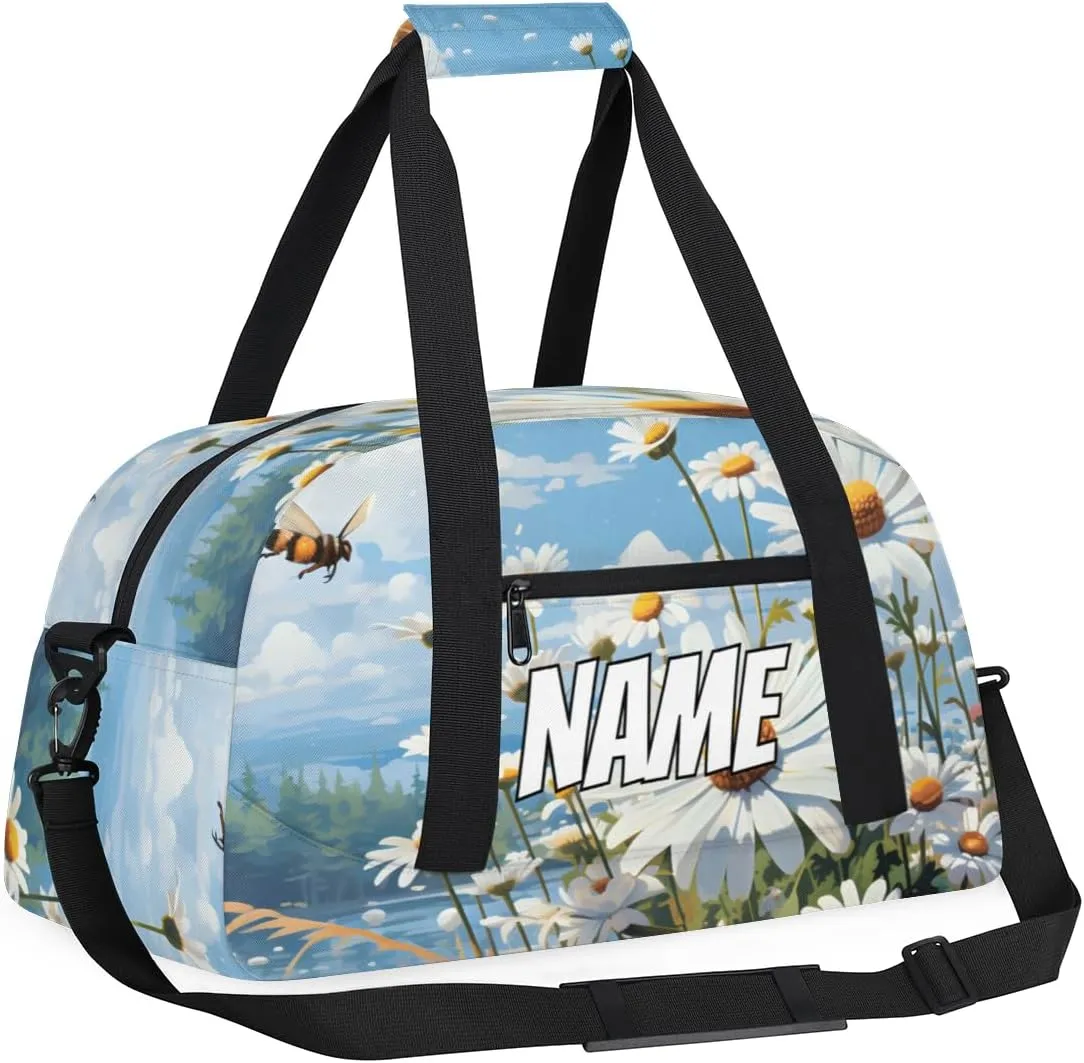 Personalized Custom Gym Bag for Women Men Carry on White Daisy Travel Duffel Tote Honey Bees Overnight Workout Weekender Bag