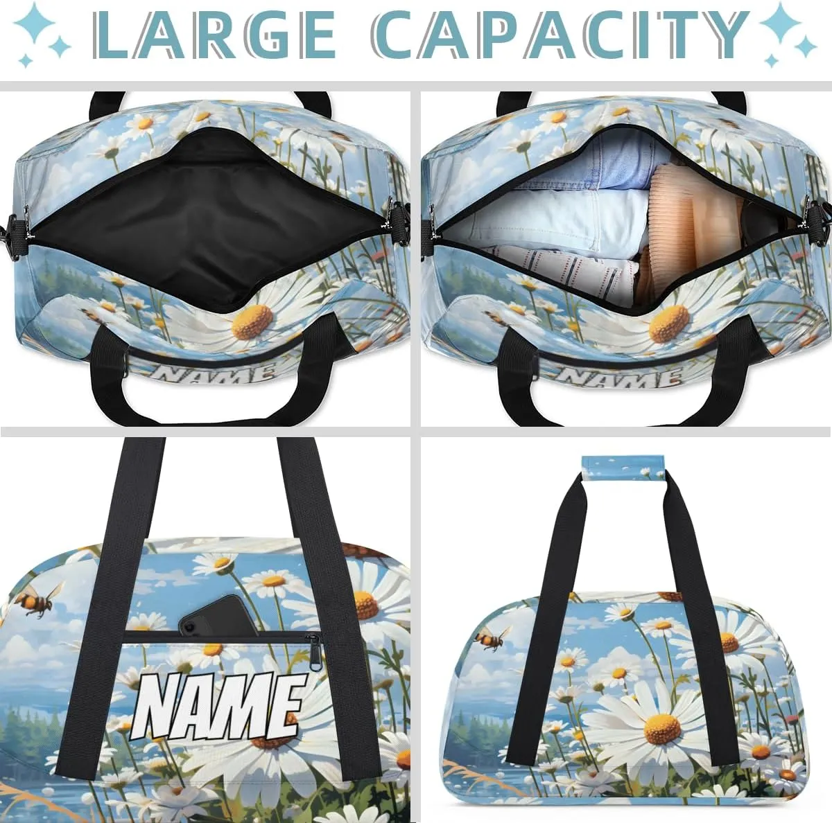 Personalized Custom Gym Bag for Women Men Carry on White Daisy Travel Duffel Tote Honey Bees Overnight Workout Weekender Bag