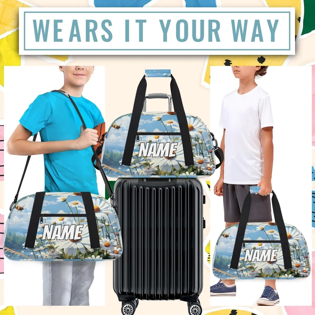 Personalized Custom Gym Bag for Women Men Carry on White Daisy Travel Duffel Tote Honey Bees Overnight Workout Weekender Bag