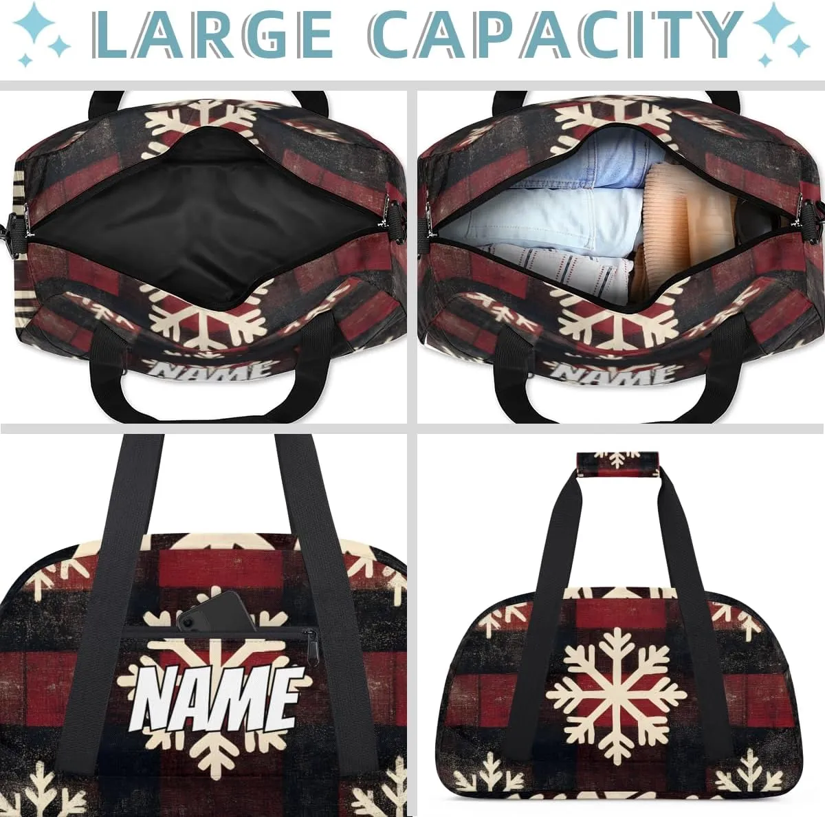 Personalized Custom Gym Bag for Women Men Carry on White Snowflake Travel Duffel Tote Christmas Check Overnight Workout Weekender Bag