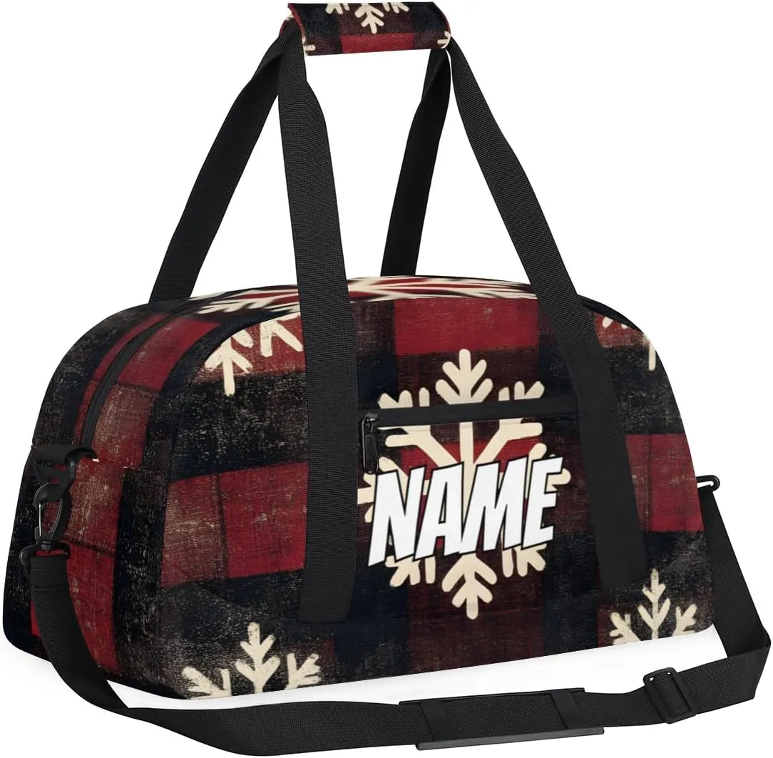 Personalized Custom Gym Bag for Women Men Carry on White Snowflake Travel Duffel Tote Christmas Check Overnight Workout Weekender Bag