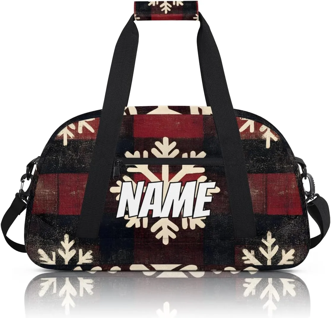 Personalized Custom Gym Bag for Women Men Carry on White Snowflake Travel Duffel Tote Christmas Check Overnight Workout Weekender Bag