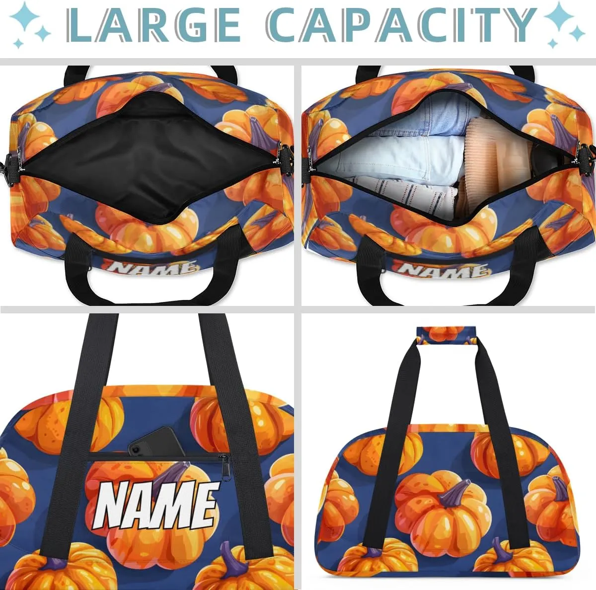 Personalized Custom Gym Bag for Women Men Carry on Yellow Pumpkin Travel Duffel Tote Thanksgiving Autumn Overnight Workout Weekender Bag
