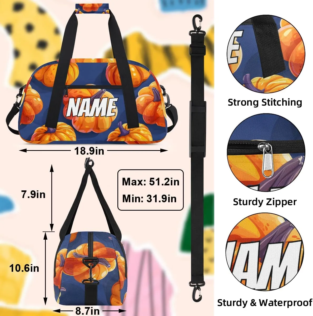 Personalized Custom Gym Bag for Women Men Carry on Yellow Pumpkin Travel Duffel Tote Thanksgiving Autumn Overnight Workout Weekender Bag