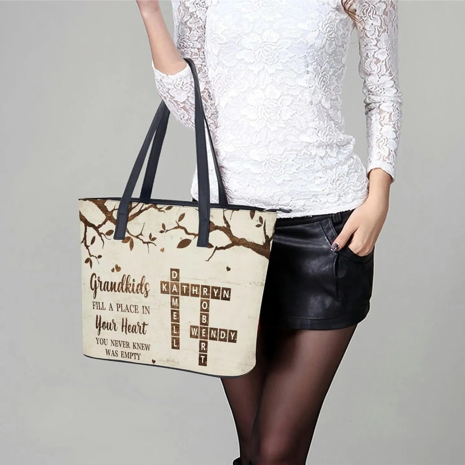 Personalized Custom Leather Tote Bag Handbags with Birth Month Flowers Name,Mothers Day Gift for Mom Grandma