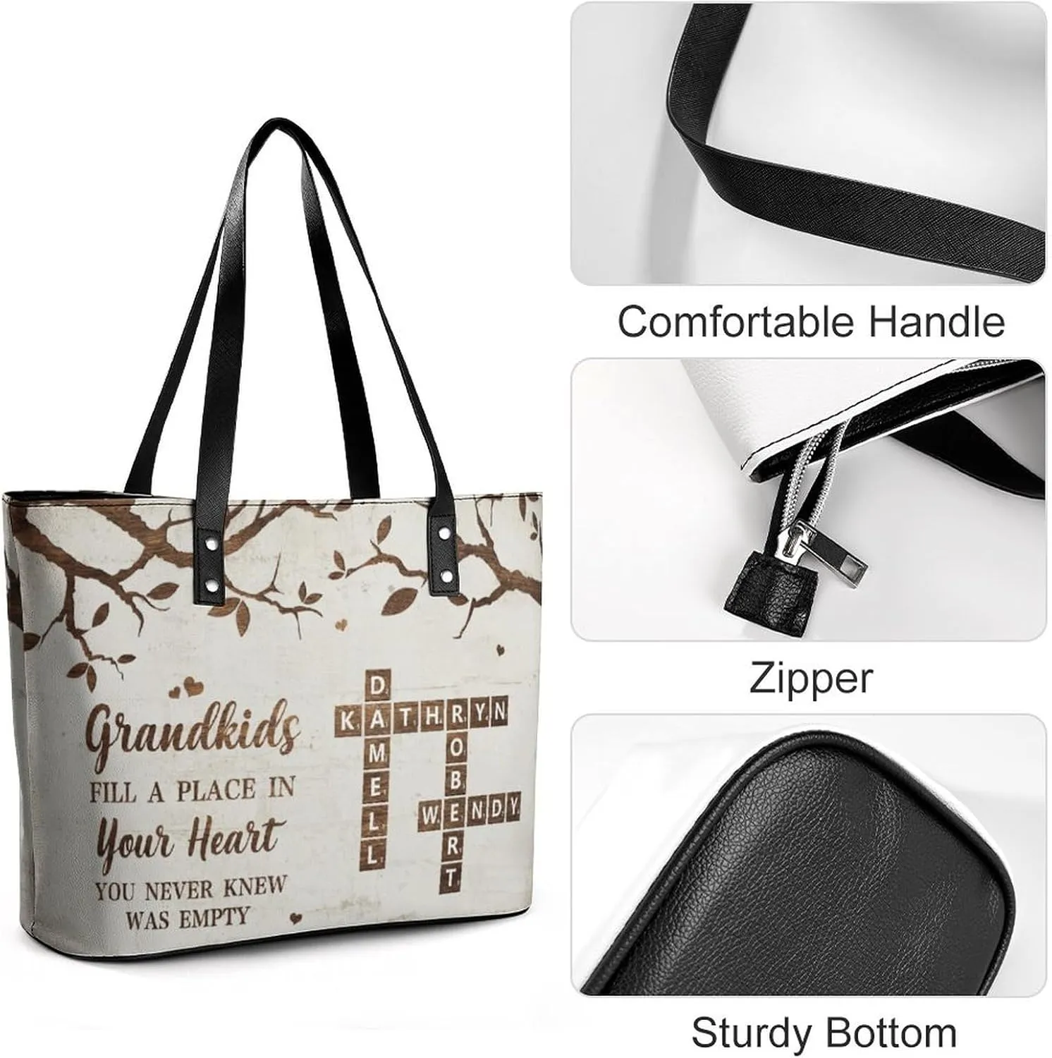 Personalized Custom Leather Tote Bag Handbags with Birth Month Flowers Name,Mothers Day Gift for Mom Grandma