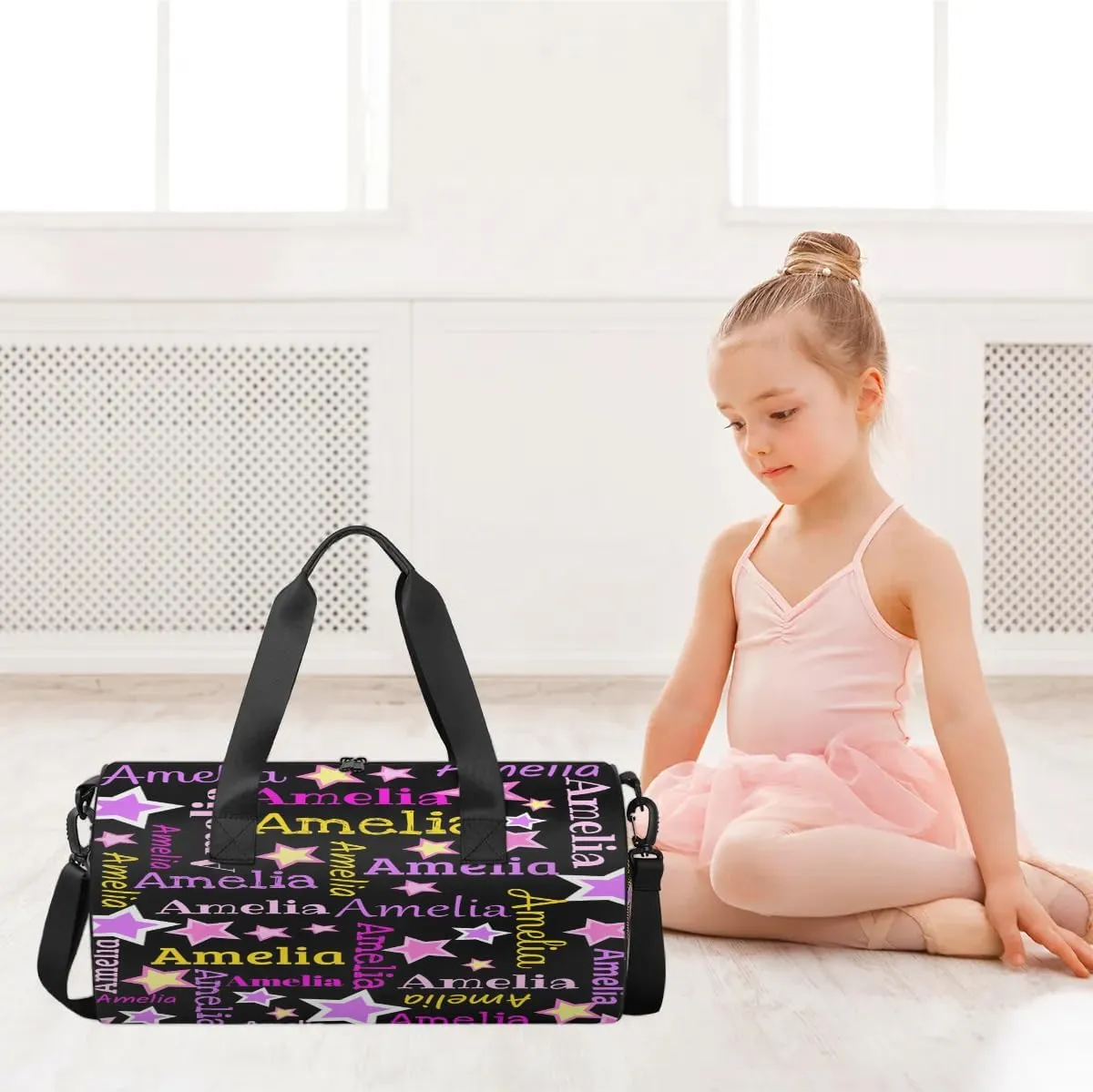 Personalized Dance Bag Duffle Bag for Girl, Custom Gym Bag Gymnastics Sport Travel Bag Weekender Bags with Adjustable Black Star
