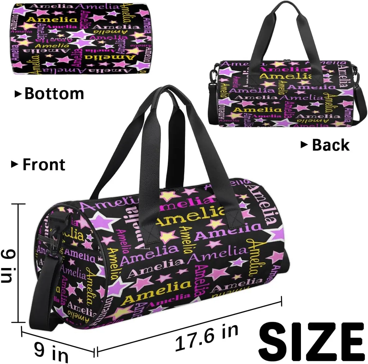 Personalized Dance Bag Duffle Bag for Girl, Custom Gym Bag Gymnastics Sport Travel Bag Weekender Bags with Adjustable Black Star