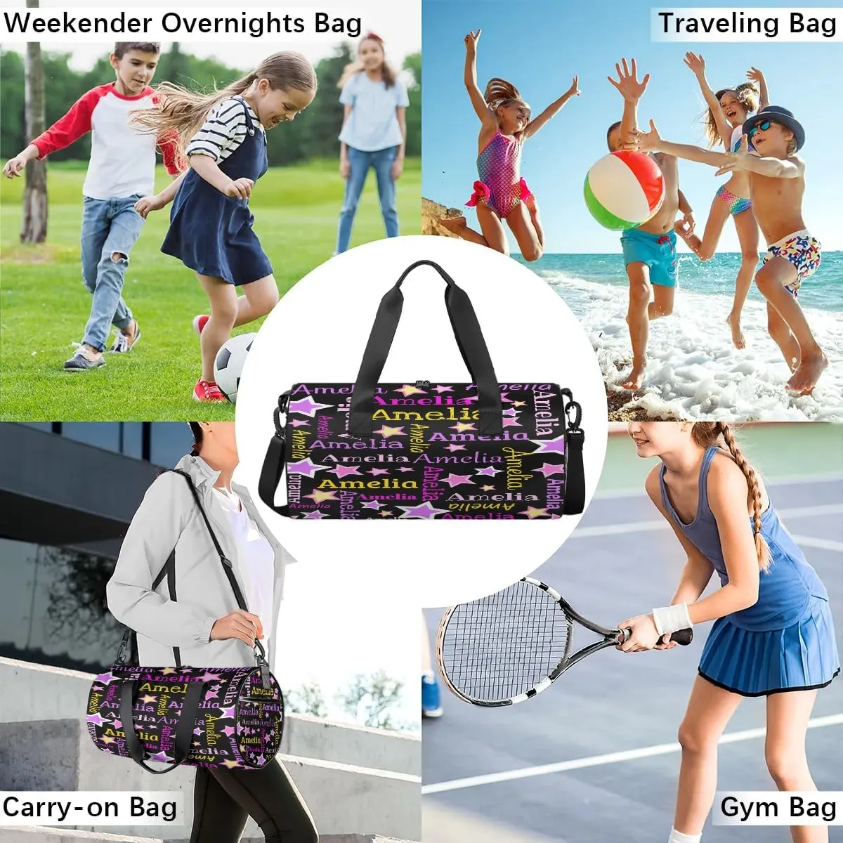 Personalized Dance Bag Duffle Bag for Girl, Custom Gym Bag Gymnastics Sport Travel Bag Weekender Bags with Adjustable Black Star