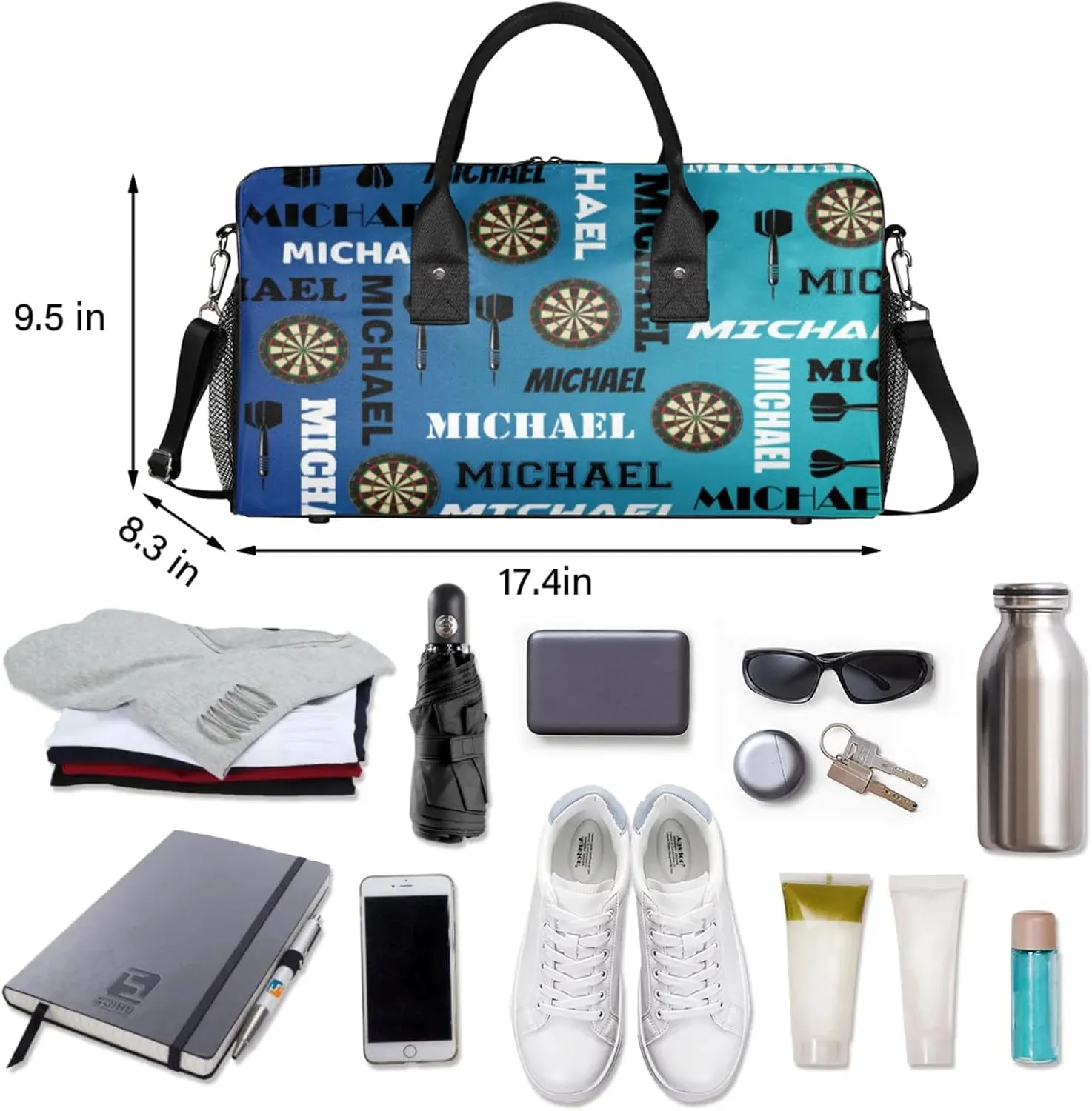 Personalized Darts Sport Duffel Bag with Name, Custom Gym Bag Customized Overnight Weekender Bag for Women Men, Blue