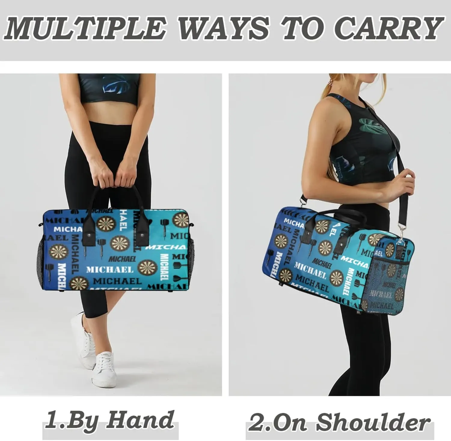 Personalized Darts Sport Duffel Bag with Name, Custom Gym Bag Customized Overnight Weekender Bag for Women Men, Blue