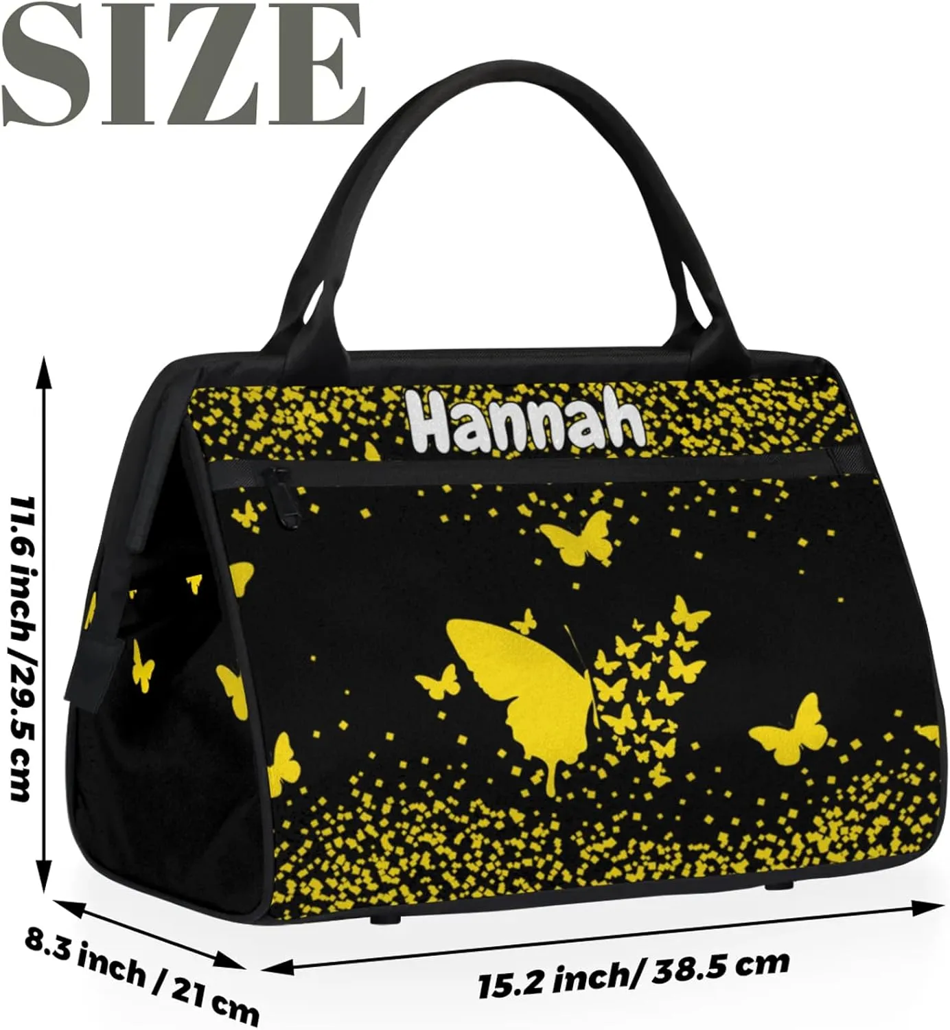 Personalized Duffel Bag with Name Butterfly Custom Travel Sports Bag for Women Men Waterproof Dance Ballet Bag Lightweight 15.2in, Gold