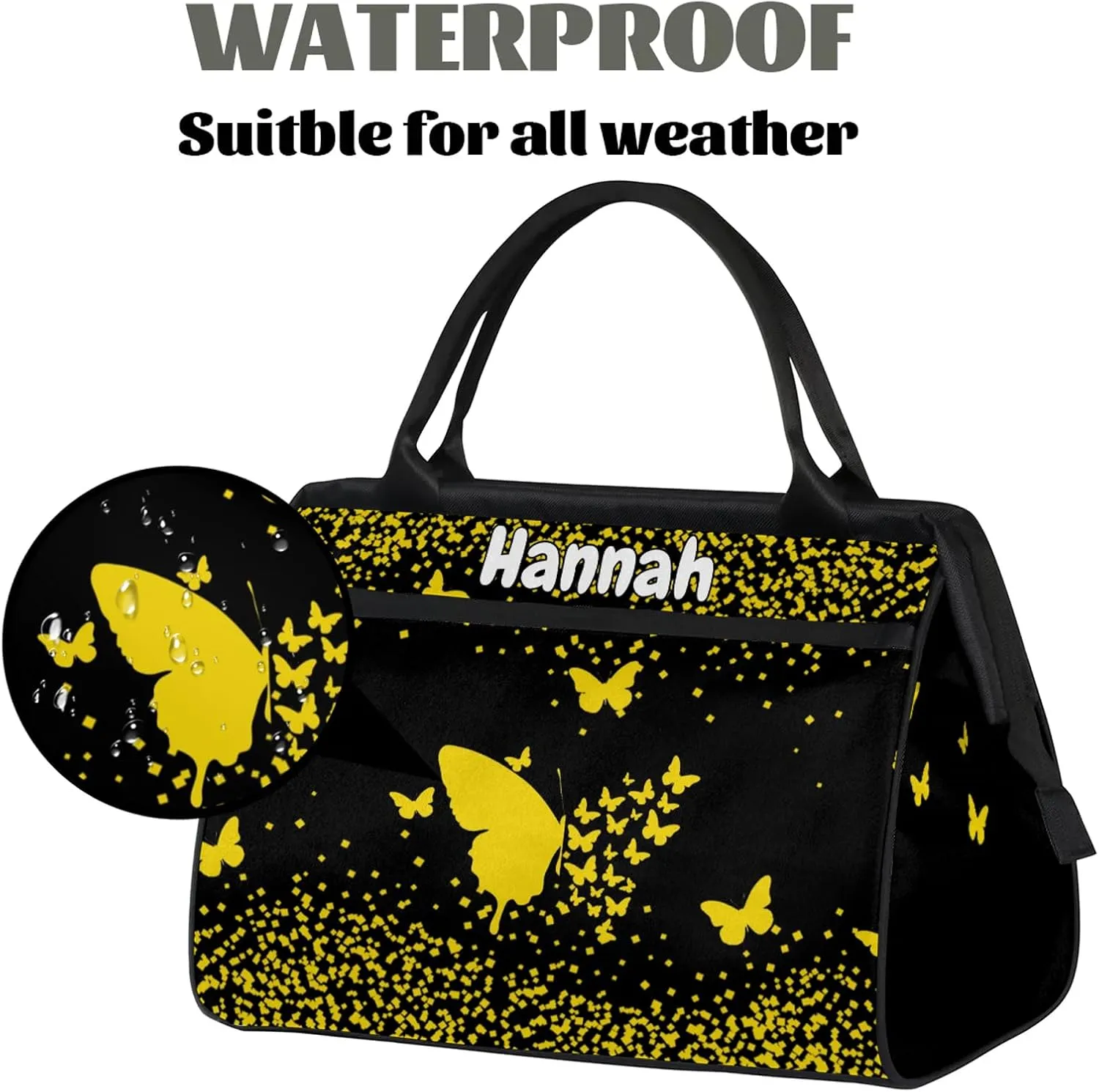 Personalized Duffel Bag with Name Butterfly Custom Travel Sports Bag for Women Men Waterproof Dance Ballet Bag Lightweight 15.2in, Gold