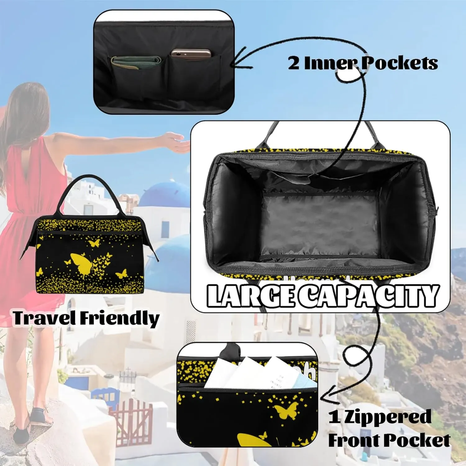 Personalized Duffel Bag with Name Butterfly Custom Travel Sports Bag for Women Men Waterproof Dance Ballet Bag Lightweight 15.2in, Gold