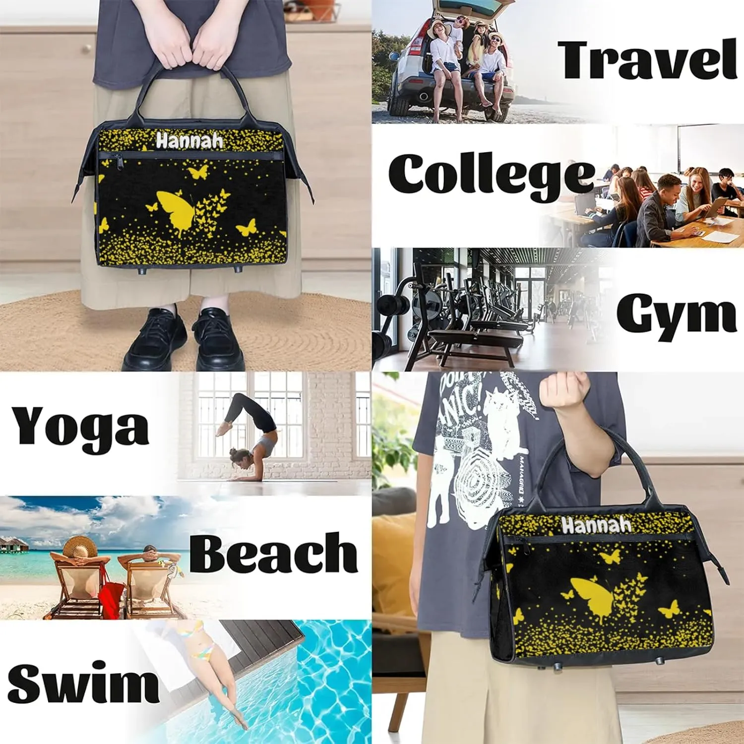 Personalized Duffel Bag with Name Butterfly Custom Travel Sports Bag for Women Men Waterproof Dance Ballet Bag Lightweight 15.2in, Gold