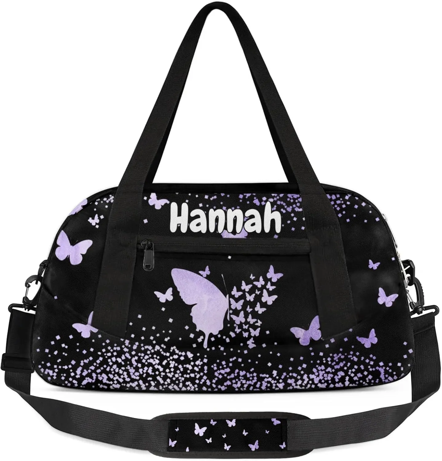 Personalized Duffel Bag with Name Butterfly Custom Travel Sports Bag for Women Men Waterproof Dance Ballet Bag Lightweight 18.5in, Purple Fluid Glitter