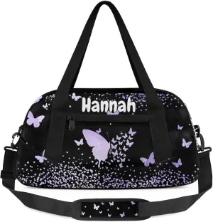 Personalized Duffel Bag with Name Butterfly Custom Travel Sports Bag for Women Men Waterproof Dance Ballet Bag Lightweight 18.5in, Purple Fluid Glitter