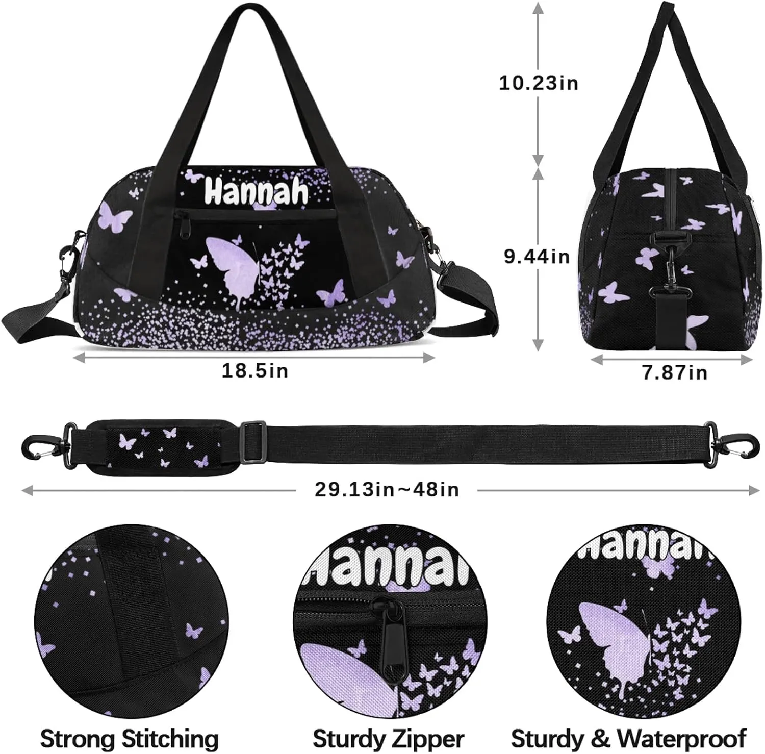 Personalized Duffel Bag with Name Butterfly Custom Travel Sports Bag for Women Men Waterproof Dance Ballet Bag Lightweight 18.5in, Purple Fluid Glitter