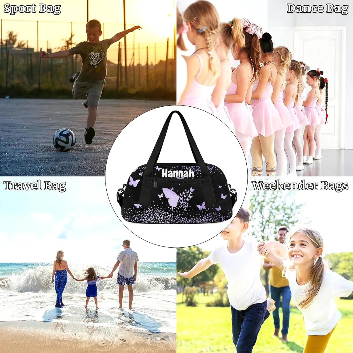 Personalized Duffel Bag with Name Butterfly Custom Travel Sports Bag for Women Men Waterproof Dance Ballet Bag Lightweight 18.5in, Purple Fluid Glitter