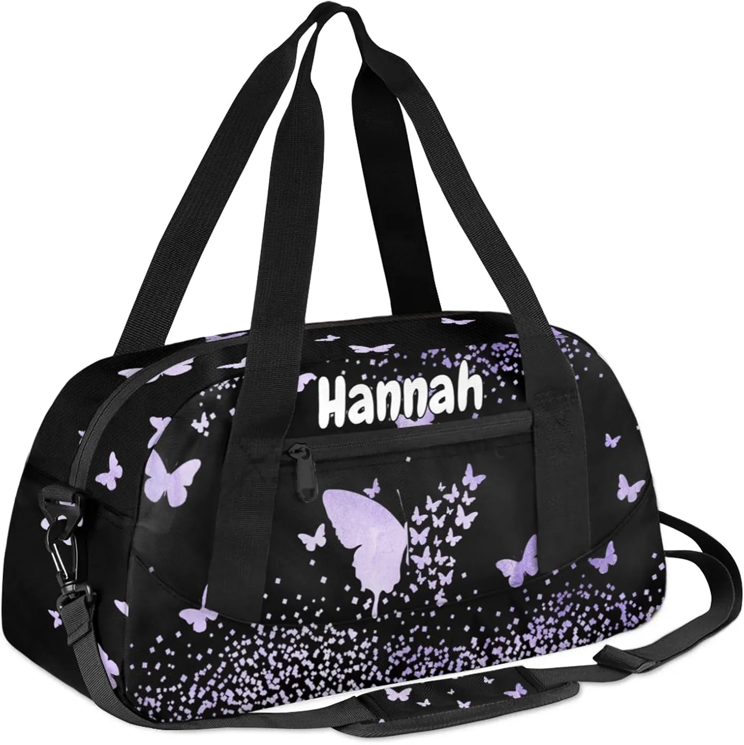 Personalized Duffel Bag with Name Butterfly Custom Travel Sports Bag for Women Men Waterproof Dance Ballet Bag Lightweight 18.5in, Purple Fluid Glitter