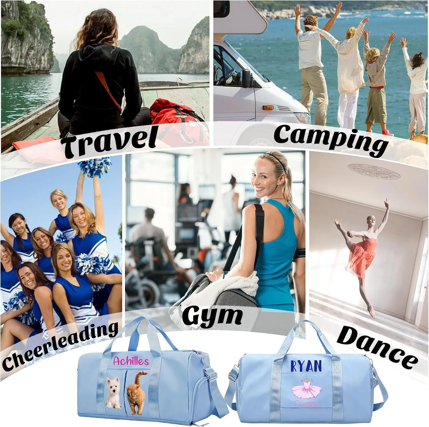 Personalized Duffle Bag Printed with Name Photo, Custom Duffle Gym Bags with Wet Dry Pockets & Shoe for Dance Sport Yoga,Personalized Gym Bag for Women Men,Personalized Travel Bag Beige