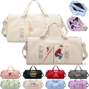 Personalized Duffle Bag Printed with Name Photo, Custom Duffle Gym Bags with Wet Dry Pockets & Shoe for Dance Sport Yoga,Personalized Gym Bag for Women Men,Personalized Travel Bag Beige