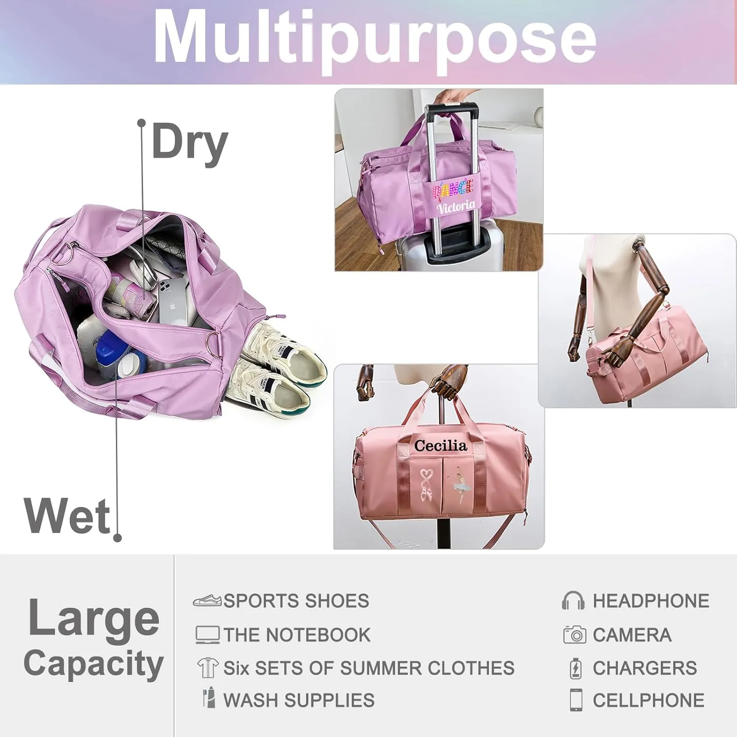 Personalized Duffle Bag Printed with Name Photo, Custom Duffle Gym Bags with Wet Dry Pockets & Shoe for Dance Sport Yoga,Personalized Gym Bag for Women Men,Personalized Travel Bag Beige