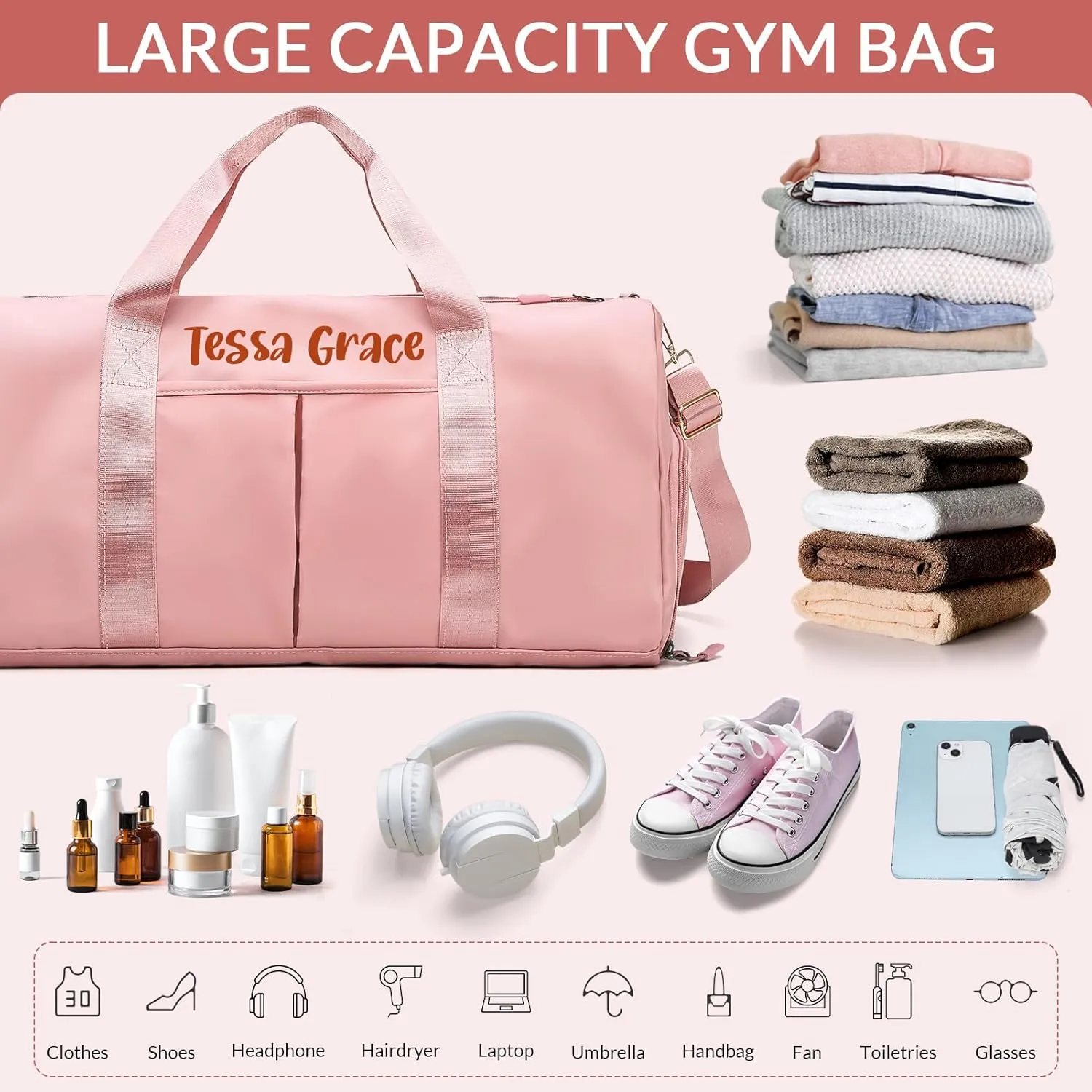 Personalized Duffle Bag,Custom Name Sports Gym Bag with Shoe Compartment&Dry Pockets, Waterproof Weekender Bags for Women and Men, Swim Dance Gym Travel Bag, Gifts for Groomsman,Bridesmaid