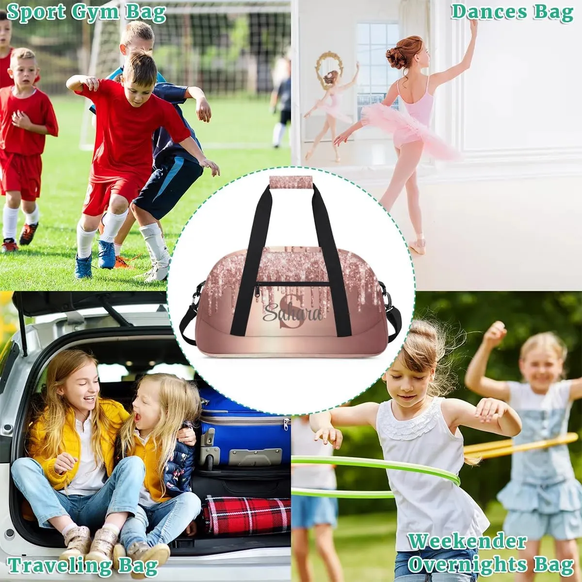 Personalized Glitter Dance Bag Duffel Bag for Girl, Custom Gym Bag Sport Duffel Bag, Ballet Bag Cheerleader Weekender Bags Travel Bag for Kids Rose Gold Glitter