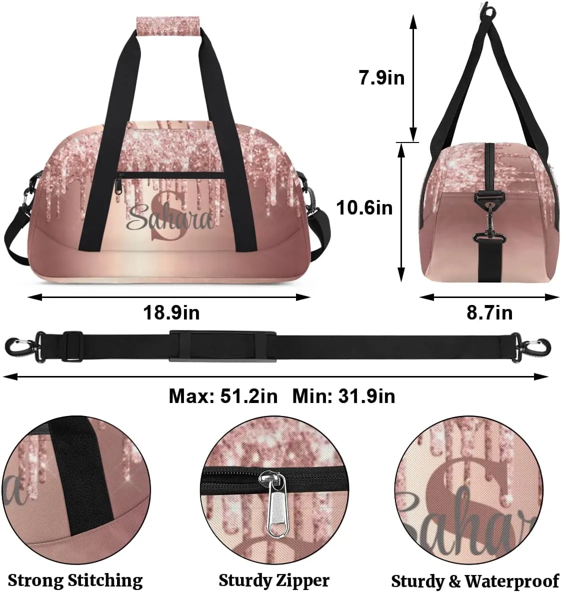 Personalized Glitter Dance Bag Duffel Bag for Girl, Custom Gym Bag Sport Duffel Bag, Ballet Bag Cheerleader Weekender Bags Travel Bag for Kids Rose Gold Glitter